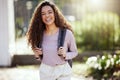 Portrait, happy woman with backpack and student in campus garden, university and education with studying. Excited female Royalty Free Stock Photo