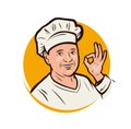 Portrait of a happy woman cook. Restaurant, bakery logo or emblem. Vector illustration