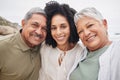 Portrait, happy woman and elderly parents at beach on holiday, vacation or travel outdoor. Face, adult daughter and