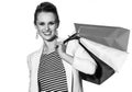 Portrait of happy woman with French flag colours shopping bags Royalty Free Stock Photo