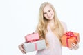 Portrait happy woman with gift box in hands Royalty Free Stock Photo