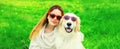 Portrait of happy woman with her Golden Retriever dog wearing sunglasses on green grass in summer park Royalty Free Stock Photo