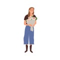 Portrait of happy woman holding bouquet of beautiful natural fresh flowers vector flat illustration. Female florist Royalty Free Stock Photo