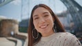 Portrait happy woman laughing at sunshine embankment. Asian lady looking camera Royalty Free Stock Photo