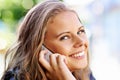 Portrait, happy woman and outdoor for phone call in closeup for communication. Person, student and excited emoji for