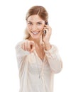 Portrait of happy woman, phone call or pointing to you for talking on white background in studio. Smile, hand gesture or Royalty Free Stock Photo