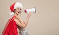 Portrait of happy woman in santa hat holding red shopping bags. Royalty Free Stock Photo