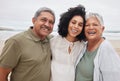 Portrait, happy woman and senior parents at beach on holiday, vacation or travel outdoor. Face, adult daughter and