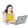 happy woman sitting with computer laptop and a cup of coffee with read heart shape label, smiling and looking at computer screen.