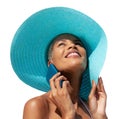 Portrait of Happy woman in summer beach holiday wearing blue sun hat and bikini, using mobile phone, Caribbean girl isolated on Royalty Free Stock Photo