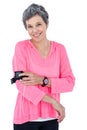 Portrait of happy woman using mp3 player in armband Royalty Free Stock Photo