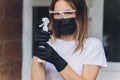 Portrait happy woman wile wearing a face shield for protection from cold and flu and viruses. Young woman with face mask