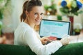 Happy modern woman with empty blister buying pharma Royalty Free Stock Photo