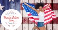 Portrait Of Happy Young African American Woman Holding Usa Flag Jumping By Martin Luther King Jr Day