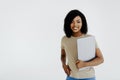 Portrait of happy young afro american woman using laptop computer isolated over white background Royalty Free Stock Photo