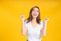 Portrait happy young asian woman dancing music celebrate fun enjoyment relaxation Royalty Free Stock Photo