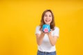 Portrait happy young asian woman holding piggybank saving money for future and business earning income Royalty Free Stock Photo