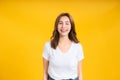 Portrait happy young asian woman laughing blink, wink eye joyful funny positive emotion in white t-shirt Royalty Free Stock Photo