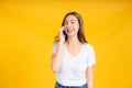 Portrait happy young asian woman talking conversation with smartphone, mobile phone Royalty Free Stock Photo