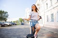 Portrait of happy young bicyclist riding in park Royalty Free Stock Photo