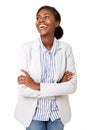 Happy young black woman laughing with arms crossed against isolated white background Royalty Free Stock Photo