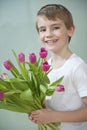 Portrait of happy young boy holding bunch of pink tulips against gray background