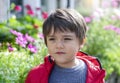 Portrait of Happy young boy standing in the park with blurry flowers background, Active child looking out with smiling face Royalty Free Stock Photo