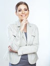 Portrait of happy young business woman crossed arms against whi Royalty Free Stock Photo