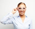 Portrait of happy young business woman over white background Royalty Free Stock Photo