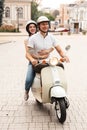 Portrait of a happy young couple in helmets Royalty Free Stock Photo