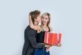 Portrait of happy young couple love together surprise with gift box in studio Royalty Free Stock Photo