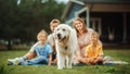 Portrait of a Happy Young Family Couple with Kids and a Golden Retriever Sitting on a Grass at Home Royalty Free Stock Photo