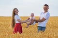 Portrait of happy young family in field of ripe wheat. Mom, dad and baby outside Royalty Free Stock Photo