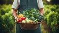 Portrait of a happy young farmer holding fresh vegetables in a basket. On a background of nature The concept of biological, bio Royalty Free Stock Photo