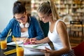 Portrait of happy young people studying together in a library. Education study teenager concept Royalty Free Stock Photo