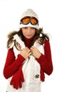 Portrait of a happy young girl snowboarding Royalty Free Stock Photo