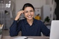 Portrait of smiling Indian woman work on laptop Royalty Free Stock Photo