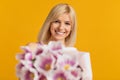 Portrait of happy young lady with spring bouquet of tulips, receiving flowers as special gift, yellow background Royalty Free Stock Photo