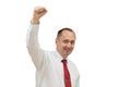 Portrait of happy young man in shirt and red necktie celebrating, gesturing, keeping arms raised and expressing Royalty Free Stock Photo