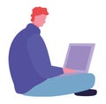 Portrait of happy young man sitting while using laptop computer on white background. Vector illustration in a flat cartoon style Royalty Free Stock Photo