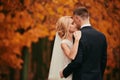 Portrait of Happy young married couple in golden yellow fall autumn park. beautiful bride and stylish groom hugging in