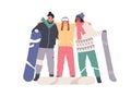Portrait of happy young people in winter sports equipment with snowboards. Snowboarders friends standing with snow