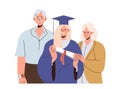 Portrait of happy young teenager graduate girl standing with parents on graduation ceremony Royalty Free Stock Photo