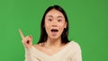 Portrait of happy young woman in asian pointing finger up isolated over green background