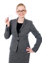 Portrait of a happy young woman with bussiness card