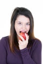 Portrait of happy young woman eat red apple Royalty Free Stock Photo