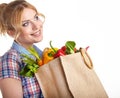 Portrait of happy young woman holding a bag Royalty Free Stock Photo