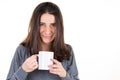 portrait of happy young woman with mug cup of tea coffee hotdrink Royalty Free Stock Photo
