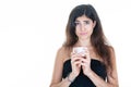 Portrait of happy young woman with mug cup of tea coffee hotdrink Royalty Free Stock Photo