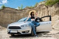 Portrait of happy young woman near car Royalty Free Stock Photo